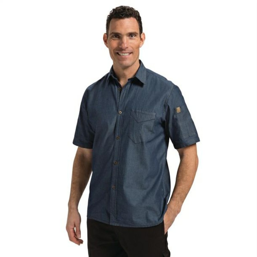 Chefs Clothing Aprons Footwear * | Bestsellers Chef Works Unisex Detroit Denim Short Sleeve Shirt Blue