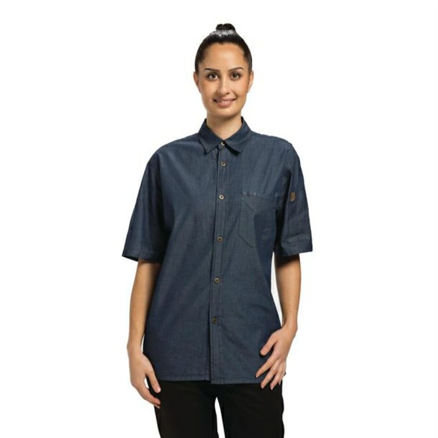 Chefs Clothing Aprons Footwear * | Bestsellers Chef Works Unisex Detroit Denim Short Sleeve Shirt Blue